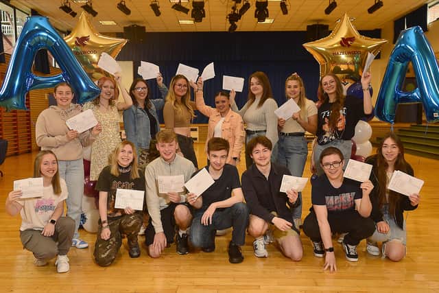 Pupils at Hazelwood Integrated College in in North Belfast pictured after receiving A-level results in Northern Ireland.Picture By: Arthur Allison/Pacemaker Press.