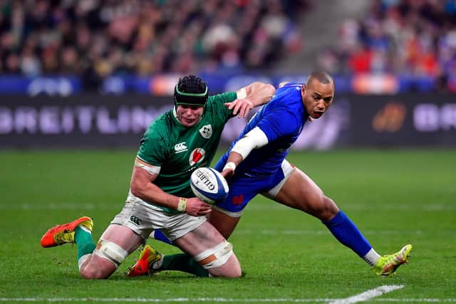 PARIS, FRANCE - FEBRUARY 12: Gael Fickou of France fights for possession with James Ryan of Ireland during the Guinness Six Nations match between France and Ireland at Stade de France on February 12, 2022 in Paris, France. (Photo by Aurelien Meunier/Getty Images)