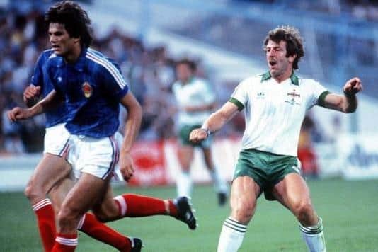 Gerry in action during that all-important game against Spain at the World Cup in 1982