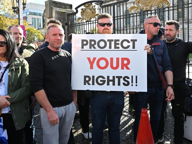 Protestors pictured at Belfast City Hall against the NI Public Health Bill. .
