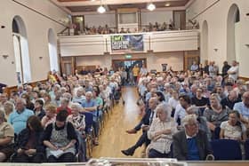Coleraine Town Hall saw a packed meeting of people concerned about the loss of emergency surgery from Causeway Hospital. Photo: SOS Causeway Hospital/Facebook