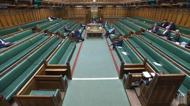 Sir Jeffrey Donaldson speaks to a sparsely populated House of Commons as the MPs who turned up discuss a motion affirming Northern Ireland's place in the United Kingdom - something promised in the DUP's deal with the government.