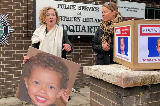 Fiona Donohoe (left) accompanied by her sister Niamh, delivering a petition to police headquarters in February 2022