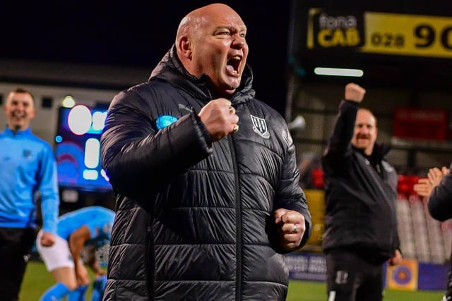 Ballymena United manager David Jeffrey celebrates after his side booked their spot in the Irish Cup final