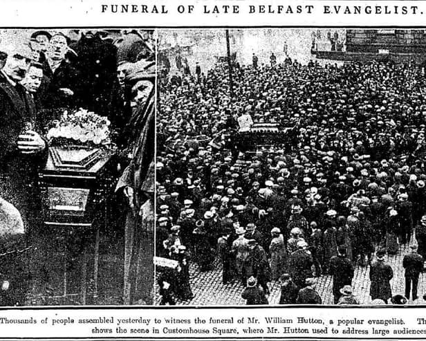 A photograph which appeared in the News Letter in 1924 alongside the story about the funeral of  Mr William Hutton, a well-known Belfast evangelist, which had been held on the steps of the Customhouse in Belfast. Picture: News Letter archives/Darryl Armitage