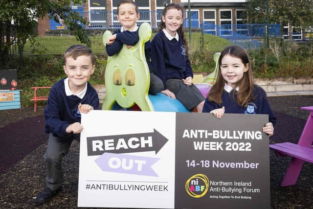 Pictured are (l-r) Leon McCarthy, Charlie Cavlan, Grace Hurley and Caoimhe Connolly from Holy Child Primary School, Belfast, winners of last year’s Odd Socks Day as part of Anti-Bullying Week. Get ready for this year's Anti-Bullying Week set to take place November 14-18 across the province
PIC: Press Eye - Belfast