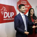 Jonathan Buckley, DUP candidate for Lagan Valley, Emma Little-Pengelly, Northern Ireland's deputy First Minister, and Gavin Robinson, interim DUP leader, at DUP headquarters, East Belfast, this afternoon