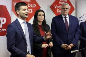 The DUP has the talent said Gavin Robinson, right, seen with his Lagan Valley candidate Jonathan Buckley, the DUP MLA Emma Little-Pengelly, Northern Ireland's deputy First Minister on Friday. Picture Press Eye