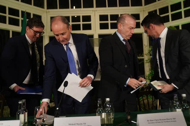 Left to right: Eamon Ryan, Tanaiste Micheal Martin, Northern Ireland Secretary Chris Heaton-Harris and Northern Ireland Minister Steve Baker at a press conference at Farmleigh House in Dublin after the British Irish Intergovernmental Conference