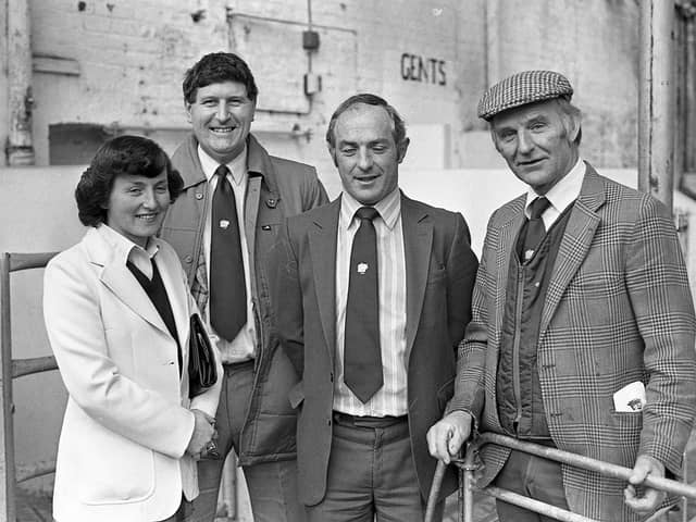 Texel pedigree sheep were in brisk demand at the breed show and sale which was held at Automart, Portadown, in October 1981. Pictured is the judge Mr Patrick Niland, third left, from Galway with his wife, auctioneer Tom Clarke, and Robert Mulligan, NI Texel Club chairman. Picture: Farming Life archives/Darryl Armitage