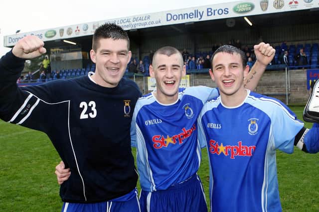 Shea Campbell, Niall McGinn and Shane McCabe celebrate defeating Linfield 4-0 with Dungannon Swifts in October 2007. PIC: William Cherry/Presseye