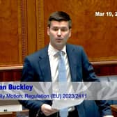 Jonathan Buckley of the DUP speaking in the Assembly today, March 19, 2024