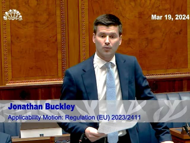 Jonathan Buckley of the DUP speaking in the Assembly today, March 19, 2024