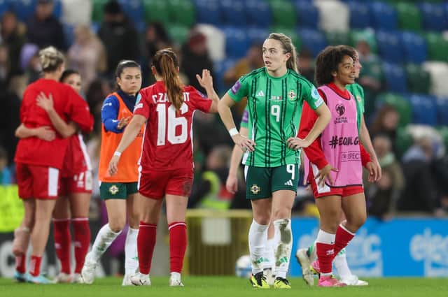 A disappointed Simone Magill in Belfast following Northern Ireland's scoreless draw during which the forward had a goal ruled out against Malta and penalty appeal dismissed over the opening UEFA Women's Euro 2025 qualifying game. (Photo by Matt Mackey/PressEye)