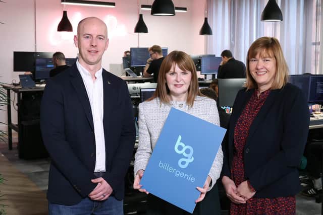 US tech firm, Biller Genie is establishing a new office in Belfast and will create 100 high-quality jobs over the next three years. Economy Minister Dr Caoimhe Archibald is pictured with Scott Wallace, NI site lead, Biller Genie and Elaine Curran, Invest NI director of Trade and Investment