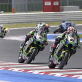 Jonathan Rea leads his Kawasaki team-mate Alex Lowes at Misano in Italy