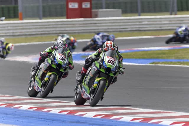 Jonathan Rea leads his Kawasaki team-mate Alex Lowes at Misano in Italy