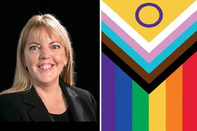 NI Human Rights Commission leader Alyson Kilpatrick, and right, a "progress pride" flag, incorporating the baby pink-and-blue of the transgender movement with the brown and black of BLM, and a purple circle representing intersex people