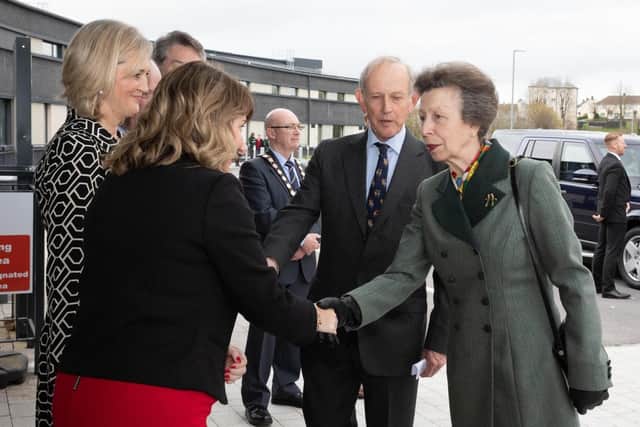 Her Royal Highness, The Princess Royal is welcomed to South West College’s Erne Campus in Enniskillen by Celine McCartan, Chief Executive and Principal.