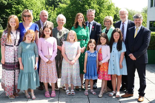Keith and Kristyn Getty are pictured with family members at the ceremony where they were made Freemen of the City in Lisburn today. 
Photo by Press Eye.