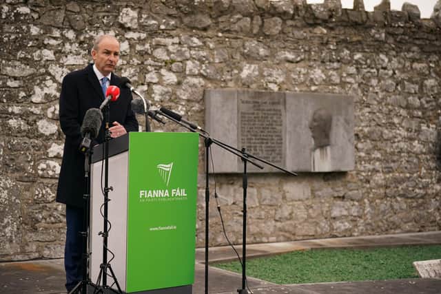 Taoiseach Micheal Martin speaking at the annual Fianna Fail commemoration of Wolfe Tone in Bodenstown, Co. Kildare. Picture date: Sunday October 16, 2022.