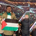 SDLP councillor Paul Doherty at the Celtic game last night (note the flag of the Irish province of Ulster in the top left, alongside all the Palestinian ones)