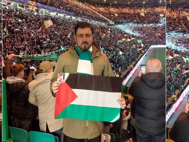 SDLP councillor Paul Doherty at the Celtic game last night (note the flag of the Irish province of Ulster in the top left, alongside all the Palestinian ones)