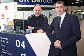 Belfast International Airport, member of the VINCI Airports network, has unveiled its newly expanded and reconfigured Immigration arrivals area. Pictured are Steve Dan, chief operating officer Border Force and Dan Owens CEO, Belfast International Airport