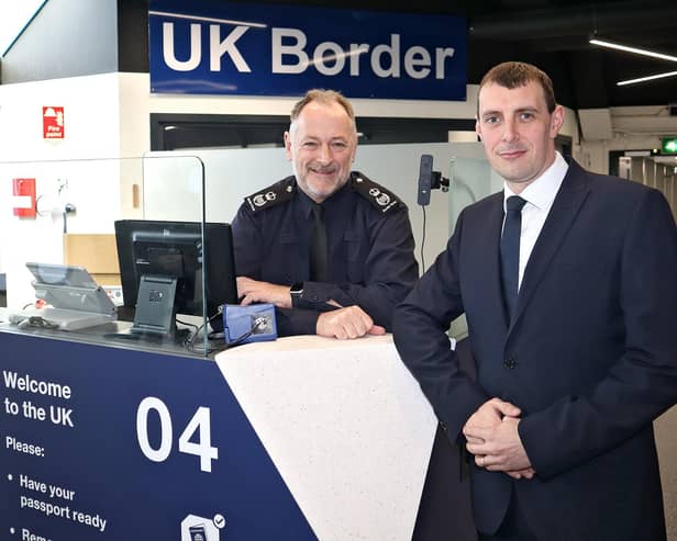 Belfast International Airport, member of the VINCI Airports network, has unveiled its newly expanded and reconfigured Immigration arrivals area. Pictured are Steve Dan, chief operating officer Border Force and Dan Owens CEO, Belfast International Airport