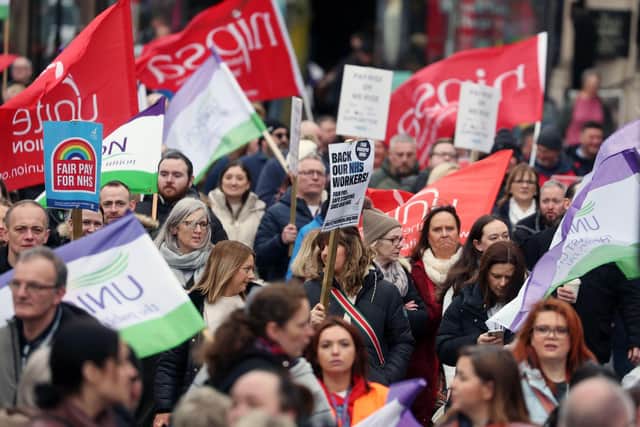 Education and health workers taking part in recent strike action in Northern Ireland