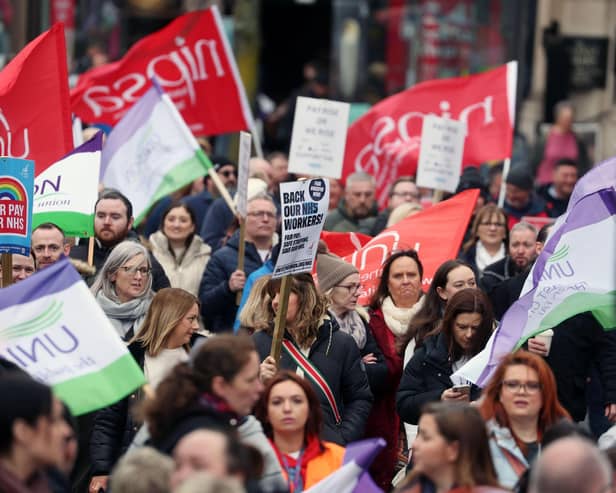 Education and health workers taking part in recent strike action in Northern Ireland