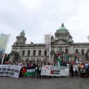 Pacemaker Press 08-10-2023: A Palestinian rally was held in at City Hall on sunday in Belfast.Picture By:Pacemaker Press.