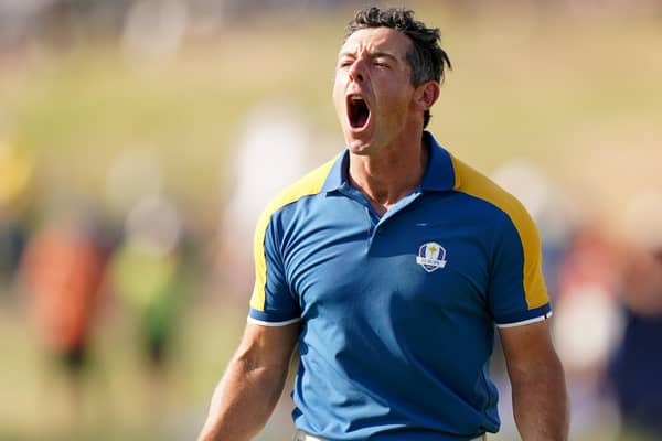 Team Europe's Rory McIlroy celebrating on Sunday during Ryder Cup success over the United States in Rome. (Photo by Zac Goodwin/PA Wire).