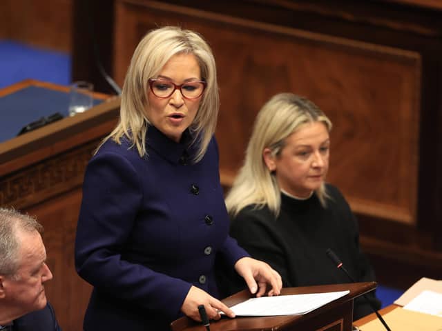 Sinn Fein vice-president Michelle O'Neill speaking after she has been appointed as Northern Ireland's First Minister during proceedings of the Northern Ireland Assembly in Parliament Buildings, Stormont.