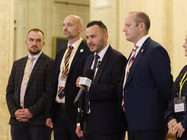 (left to right) TUV councillor Chrissy Jamieson, TUV chairman and councillor Allister Kyle, TUV MLA MLA Timothy Gaston, TUV councillor Ron McDowell and TUV representative Ann McClure speaking to the media in the Great Hall at Parliament Buildings, Stormont, following a day-long stand-off in the Drumcree parading dispute. Thousands of protesters formed a blockade on Sunday along the predominantly nationalist Garvaghy Road in Portadown, in a bid to prevent a contentious Orange Order parade passing. Picture date: Monday September 28, 2026. PA Photo. Photo credit should read: Liam McBurney/PA Wire