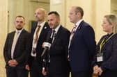 (left to right) TUV councillor Chrissy Jamieson, TUV chairman and councillor Allister Kyle, TUV MLA MLA Timothy Gaston, TUV councillor Ron McDowell and TUV representative Ann McClure speaking to the media in the Great Hall at Parliament Buildings, Stormont, following a day-long stand-off in the Drumcree parading dispute. Thousands of protesters formed a blockade on Sunday along the predominantly nationalist Garvaghy Road in Portadown, in a bid to prevent a contentious Orange Order parade passing. Picture date: Monday September 28, 2026. PA Photo. Photo credit should read: Liam McBurney/PA Wire