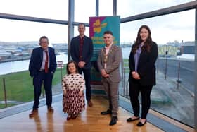 Lord Mayor of Belfast, councillor Ryan Murphy, with speakers at the ‘Embrace the Inclusive Spirit’ launch at Titanic Belfast  - Sean Fitzsimons, Sinéad Burke, Ross Calladine and Amy Waumsley