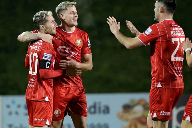Portadown's Kenneth Kane celebrates his goal during this evening's game at Shamrock Park, Portadown. PIC: David Maginnis/Pacemaker Press