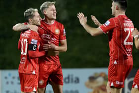 Portadown's Kenneth Kane celebrates his goal during this evening's game at Shamrock Park, Portadown. PIC: David Maginnis/Pacemaker Press