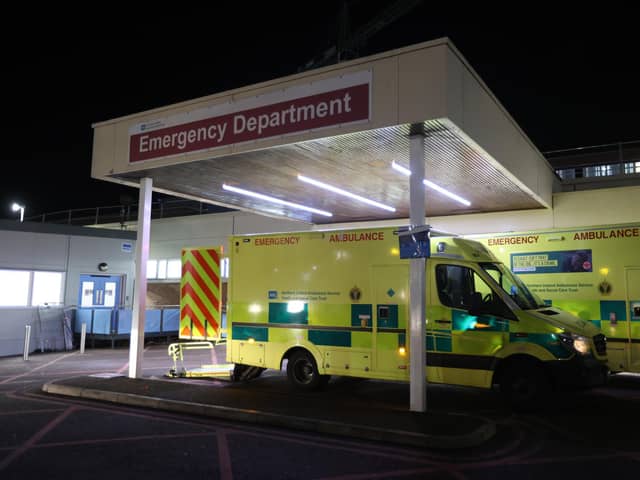 A general view of the Accident and Emergency department at Craigavon Area Hospital near Belfast. The hospital has become the latest health facility to appeal for support in freeing up beds. It was described as operating under extreme pressure on Tuesday evening, with 138 patients waiting in emergency department (ED) and ambulances queued outside. The Southern Health Trust has asked for all patients and families to support the hospital by freeing up beds required for very sick patients. Picture date: Tuesday November 15, 2022.