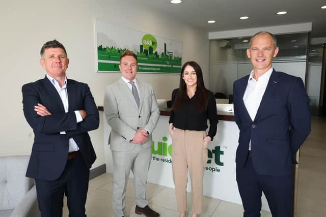Quicklet has today announced the acquisition of the rental portfolio of Northern Ireland’s biggest sole trader estate agency business, Robert Wilson Estate Agency Group, for an undisclosed sum. Pictured is Gavin McEvoy, director of Quicklet, Michael Mairs, head of accounts and property at Quicklet, Dee O’Reilly, head of operations and business growth at Quicklet and Dermot O’Hanlon, co-director of Quicklet at Quicklet’s Lisburn Road office