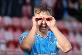 Ballymena United striker Igor Rutkowski celebrates his goal. (Photo by Desmond Loughery/Pacemaker Press)