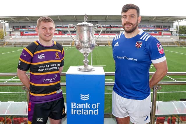 Instonians captain Mark Keane (left) and Queen's captain Alexander Clarke are preparing to lock horns in the Senior Cup final in May