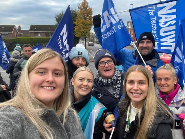 NASUWT members took to the picket lines across NI this morning in an industrial dispute over teachers' pay. Pictured is the picket line at Malone Integrated College.