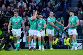 Ireland's Calvin Nash (centre) celebrates with team-mate Jack Crowley after scoring their side's sixth try of the game during the Guinness Six Nations match at the Aviva Stadium in Dublin, Ireland. PIC: Niall Carson/PA Wire.