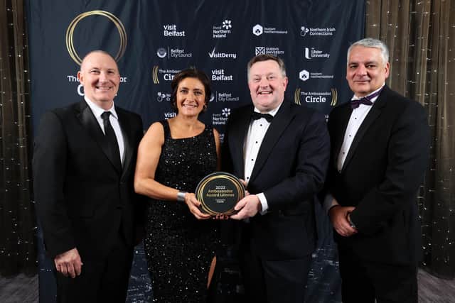 Pictured are Gerry Lennon, chief executive of Visit Belfast, journalist, TV presenter and event host Jo Scott, Professor Mark Taylor, Outstanding Lifetime Achievement award winner and Mel Chittock, interim chief executive officer of Invest Northern Ireland