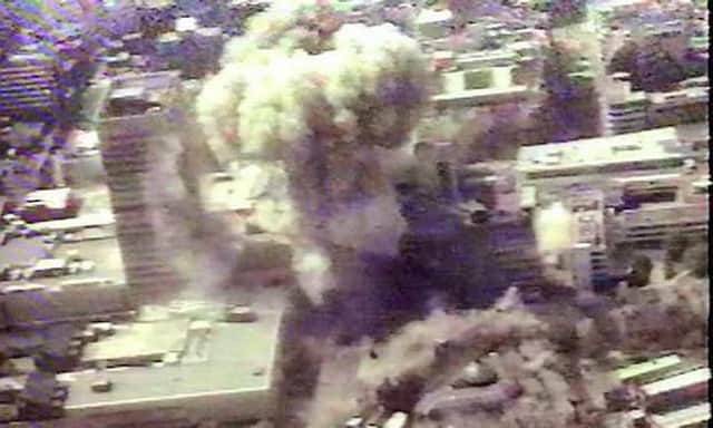 Image showing the moment the IRA's Manchester bomb detonated, June 1996, taken from GMP helicopter (police). It was the biggest bomb detonated in Britain since WWII, and injured hundreds of civilians. Just under two years later the Good Friday Agreement was signed; Sinn Fein is currently trying to associate itself closely with the 1998 deal