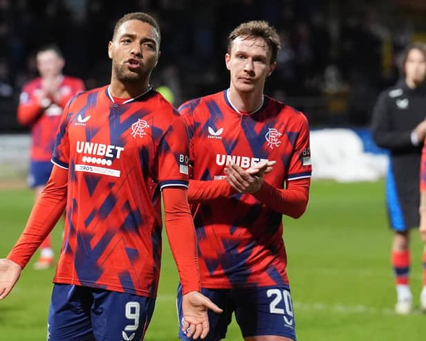 Rangers' Cyriel Dessers and Kieran Dowell show their dismay after being held to a goalless draw in the cinch Premiership clash against Dundee