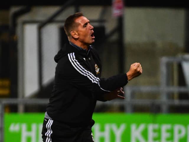 Crusaders manager Stephen Baxter celebrates his team advancing to the second round of Europa Conference League qualifying at Seaview, Belfast. PIC: Andrew McCarroll/ Pacemaker Press