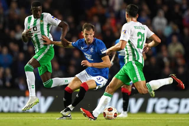 Rangers' Borna Barisic (centre) during the Europa League victory over Real Betis. (Photo by Andrew Milligan/PA Wire)